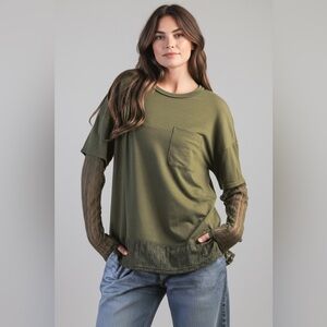 NWT Boutique Women's Top with Lace Detail in Olive Green